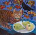 Cat with peas and blackbird