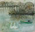 Swans and boat near the eyot